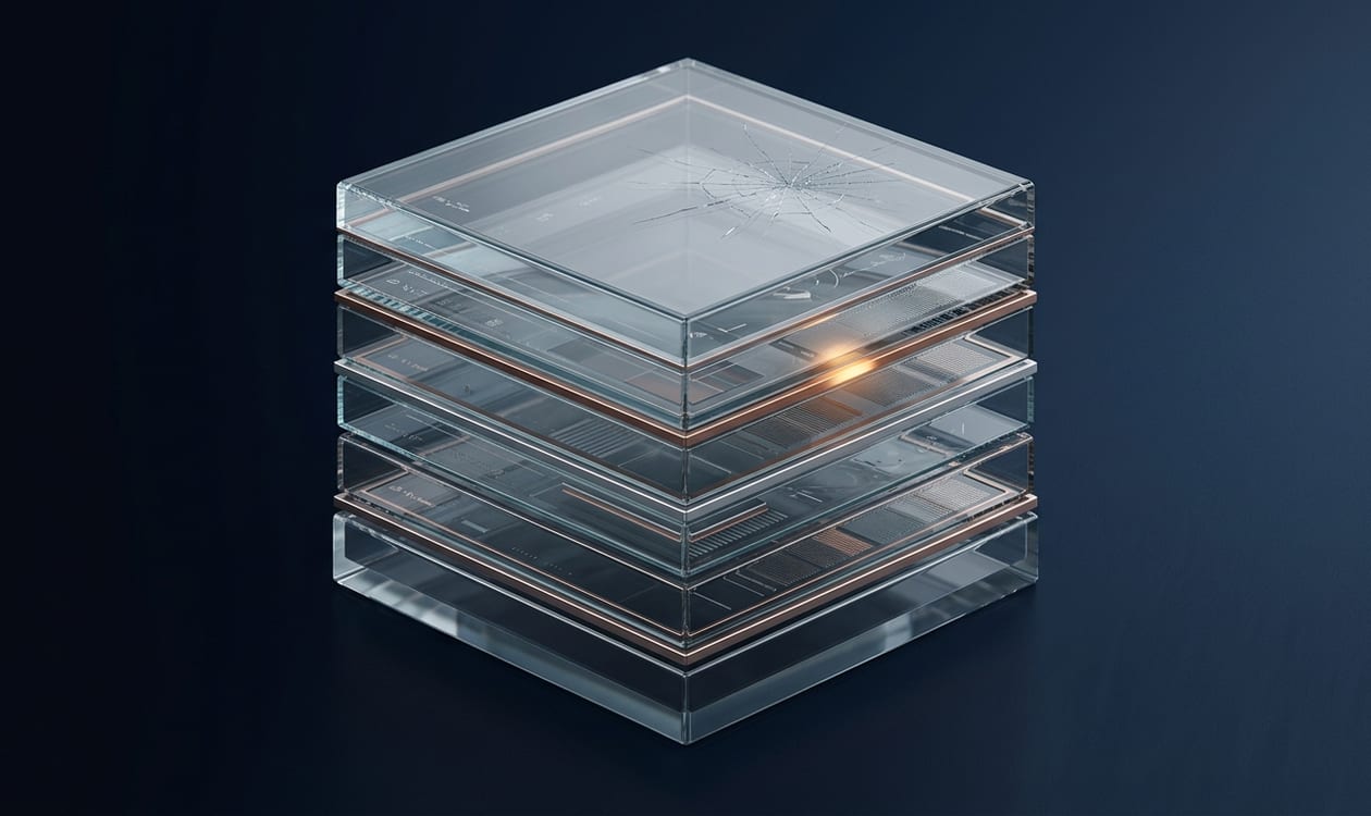 Représentation conceptuelle d'une stack de capital préférentielle en couches transparentes, la couche supérieure fragilisée évoquant le risque structurel de l'instrument STRC